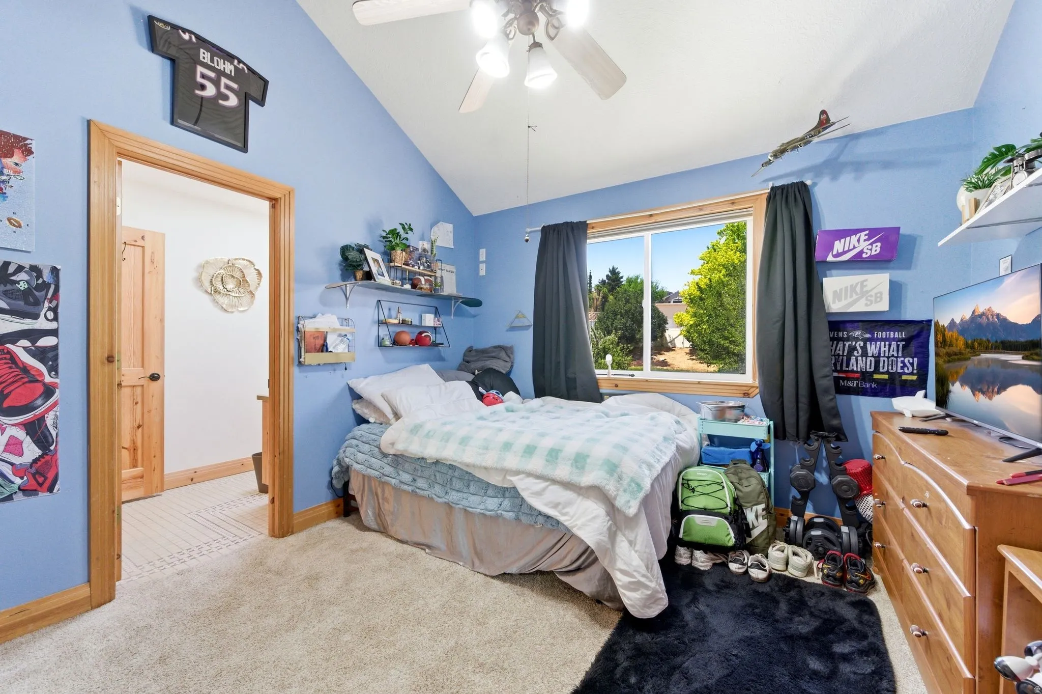 Carpeted room with a vaulted ceiling and a ceiling fan