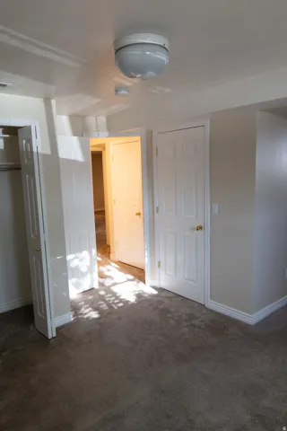 Carpeted room with a ceiling-mounted light fixture, white trim, and multiple white panel doors