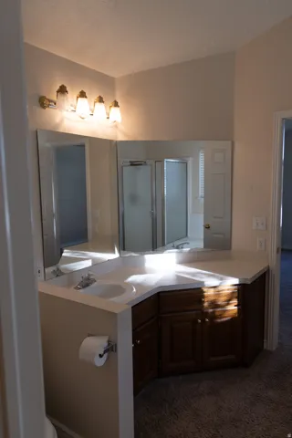 Bathroom vanity featuring a single-bowl sink, chrome faucet, and a large wall-mounted mirror