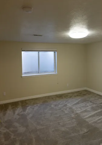 Interior room featuring neutral-toned walls and plush grey carpeting