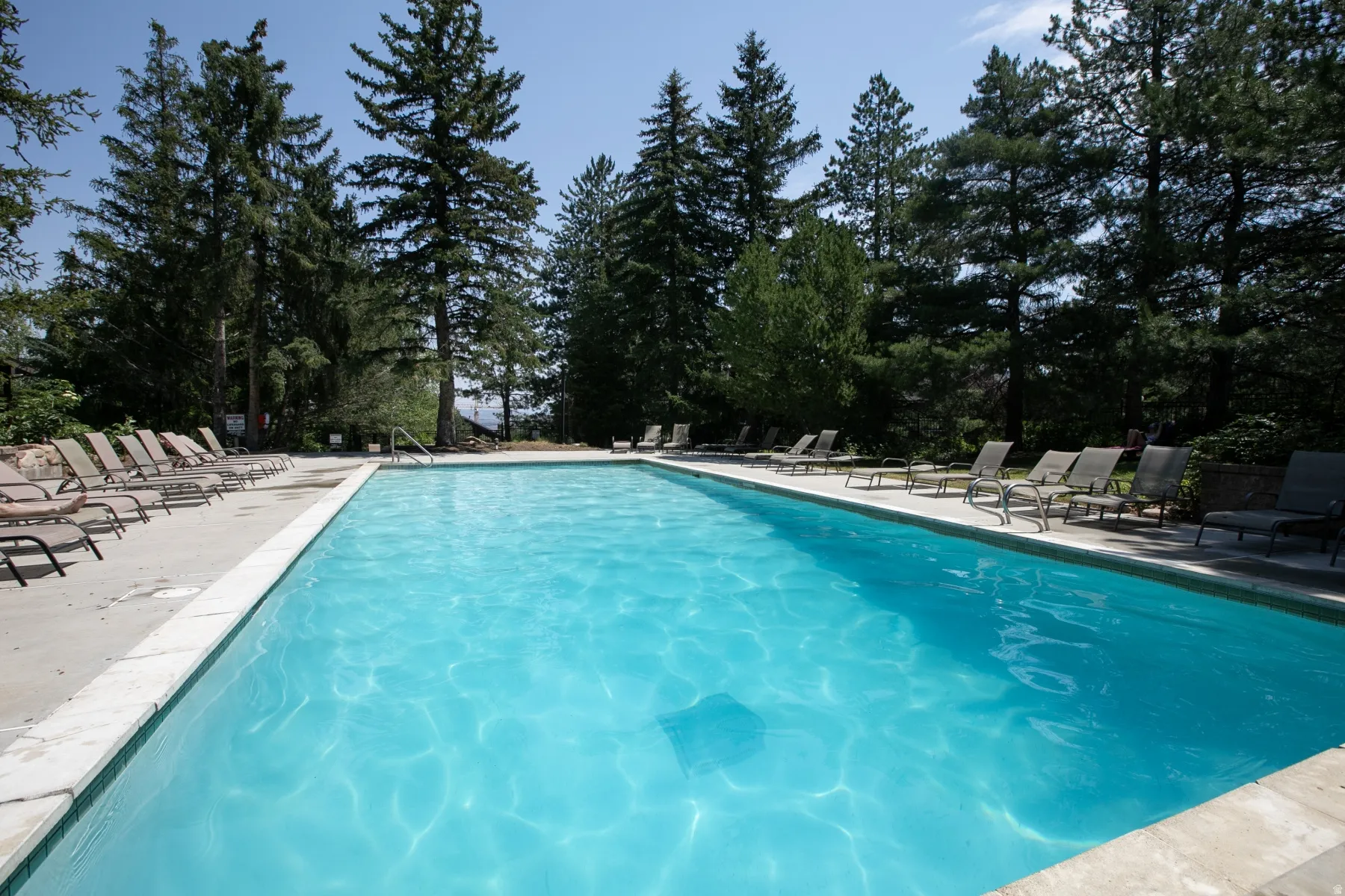 Rectangular swimming pool featuring a light blue interior, white coping, and surrounding concrete decking
