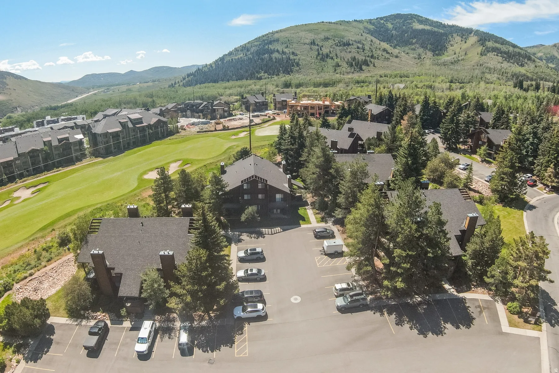 Aerial perspective showcasing multiple residential buildings with dark roofs and light-colored siding, surrounded by mature evergreen trees