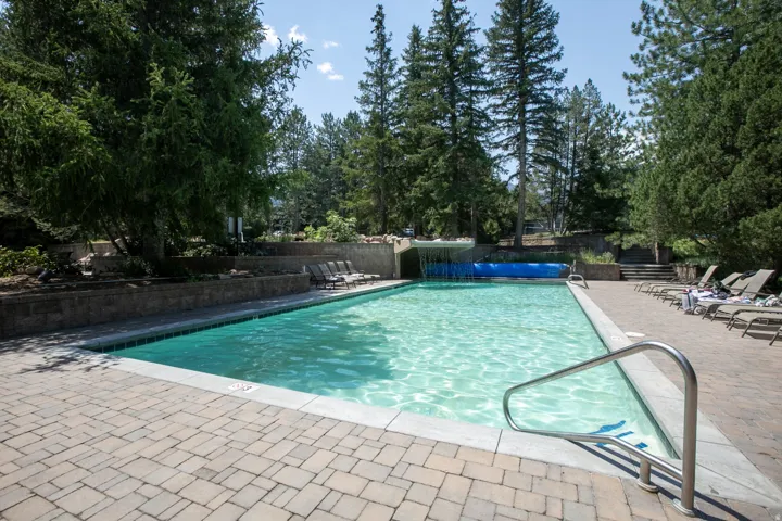 Outdoor swimming pool with integrated waterfall feature, surrounded by paver patio decking and mature trees