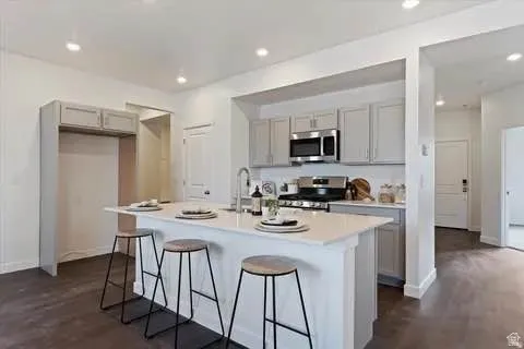 Modern kitchen featuring a central island with seating, light gray cabinetry, stainless steel appliances, and wood-finish flooring