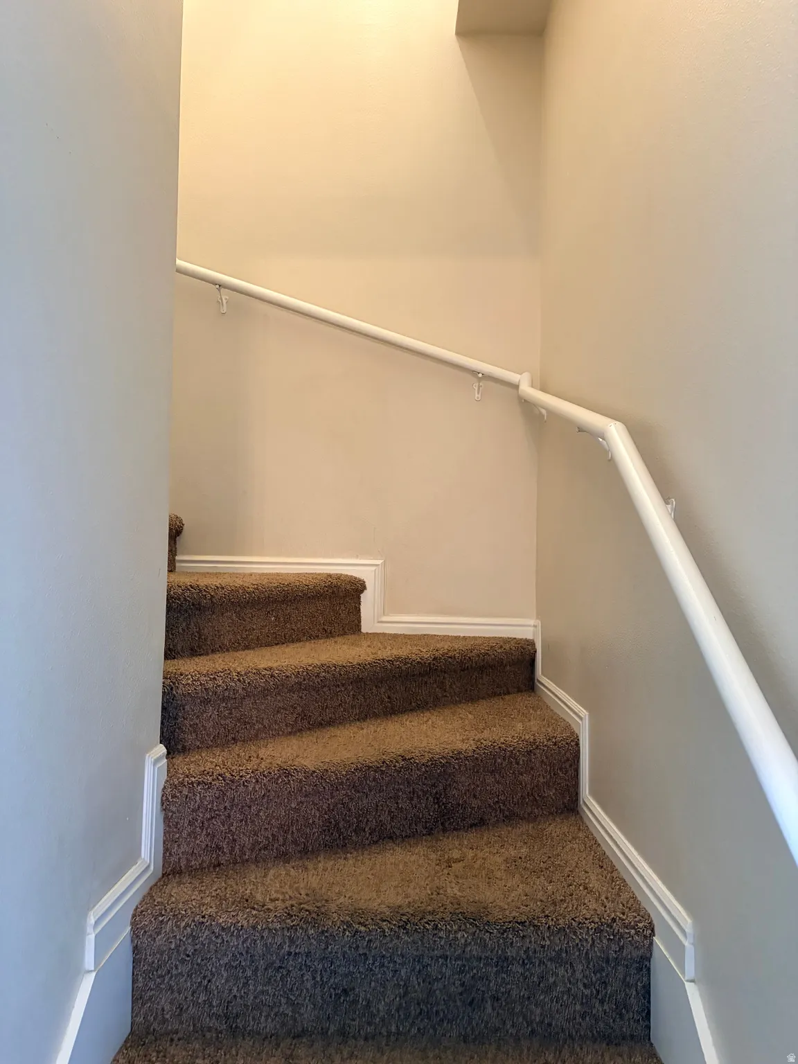 Curved staircase with brown carpeting, white trim, and a white handrail