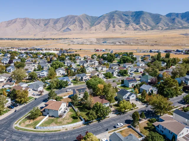 Residential neighborhood with tree-lined streets and mountain backdrop