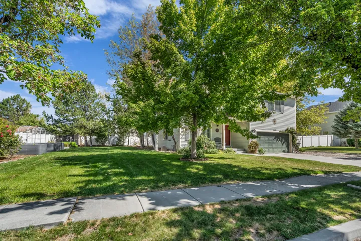 Two-story residence with siding exterior, mature trees, an attached garage, and a concrete driveway