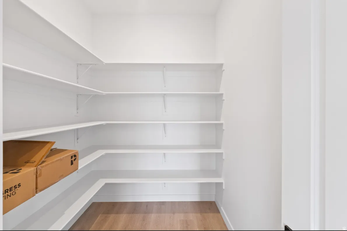 Walk-in pantry featuring extensive white shelving