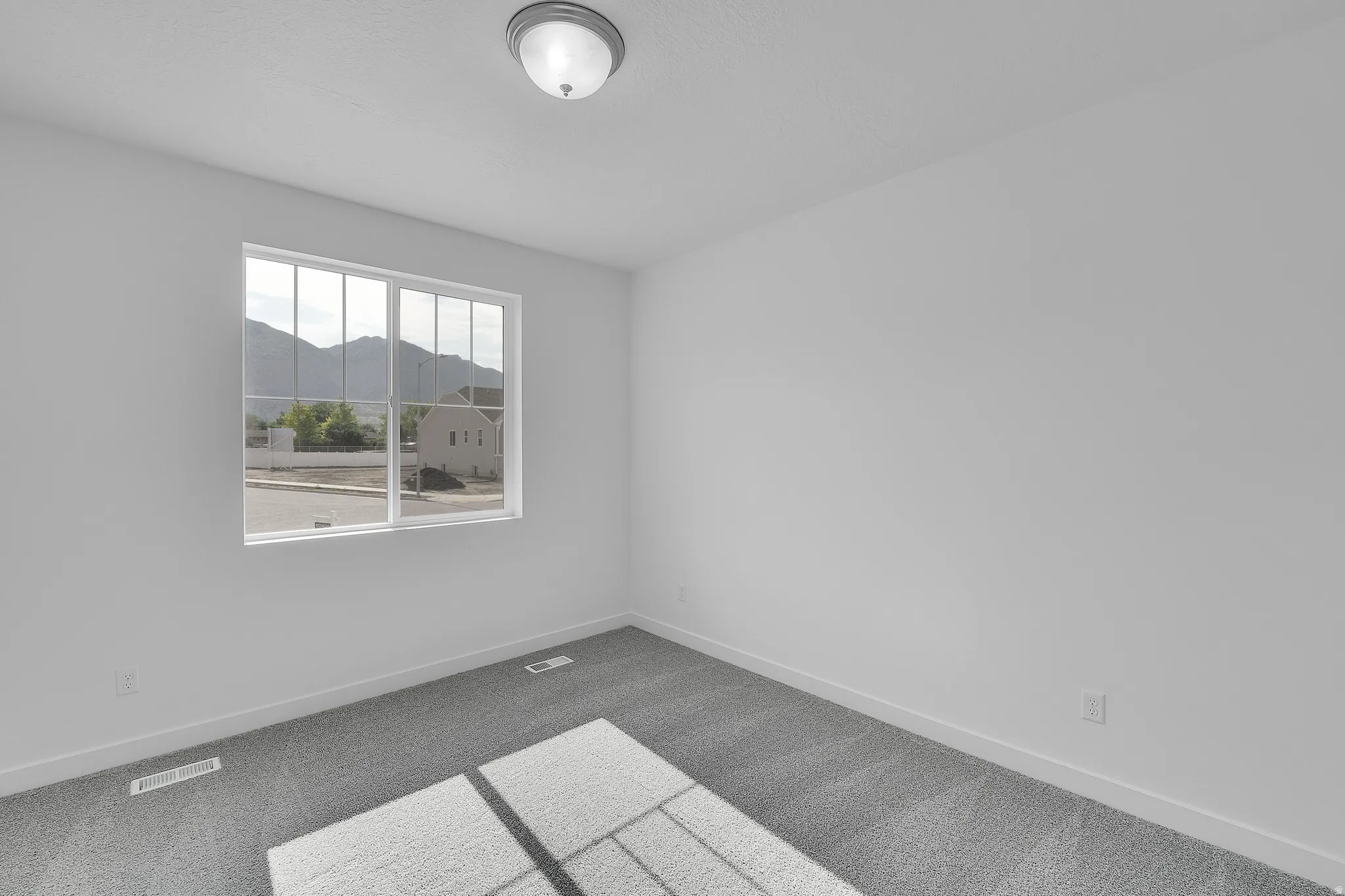 Room with light gray carpet, white walls, and a single window with grids