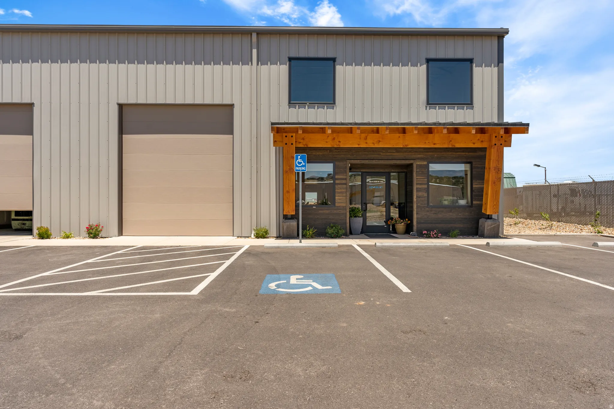 Contemporary commercial building featuring a corrugated metal facade