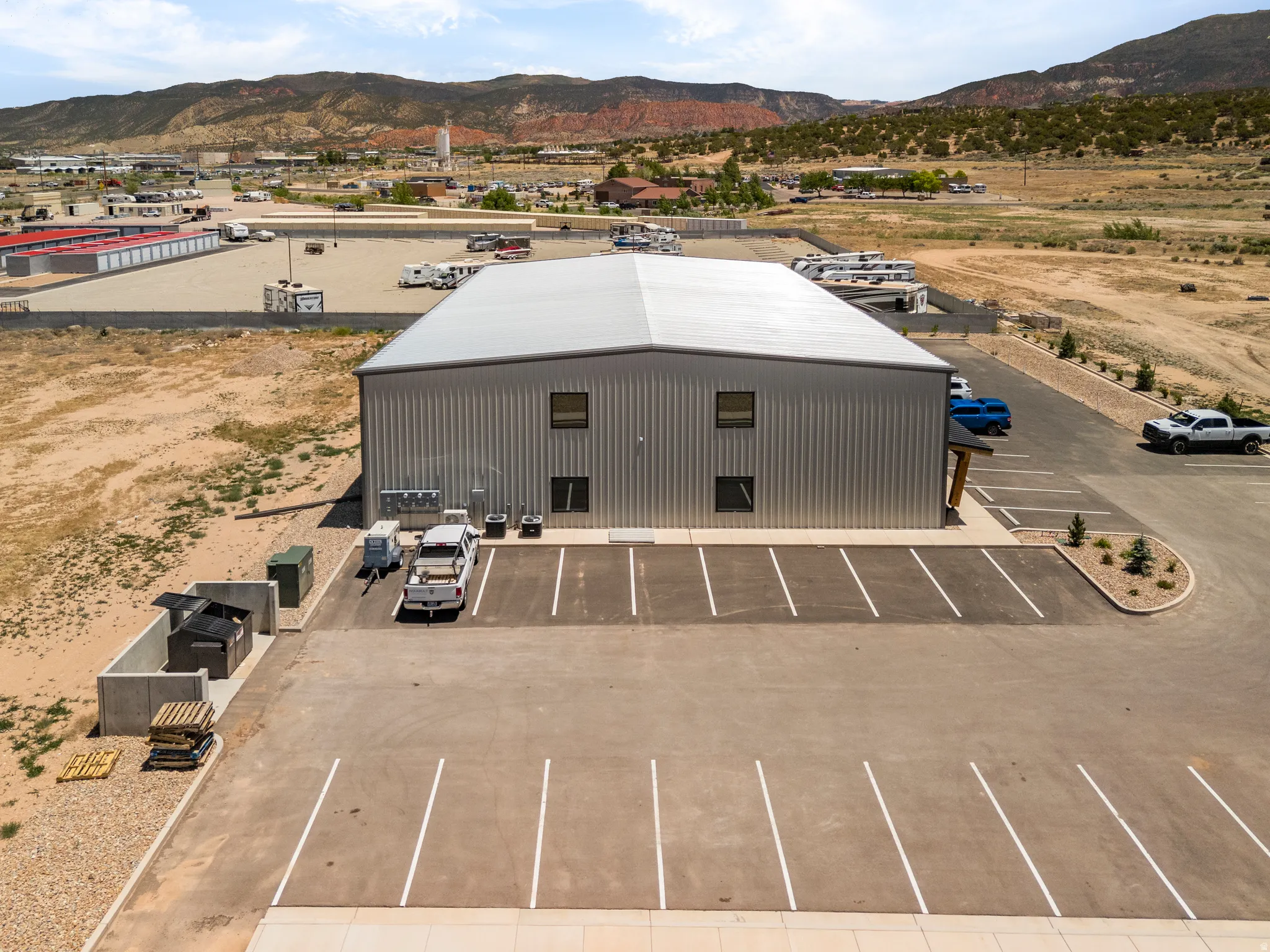 Commercial building with metal siding and a flat metal roof