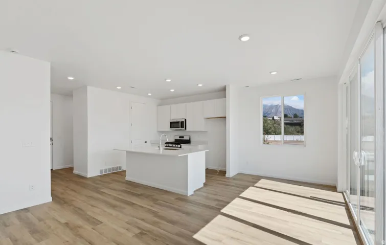 Open-concept living area with wood-finish flooring, recessed lighting, and a kitchen island with a sink