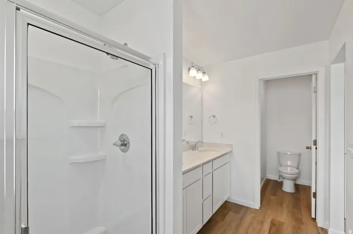Glass-enclosed shower with integrated shelving, dual-sink vanity with light-toned countertop, vanity mirror, three-light fixture, and wood-finish flooring