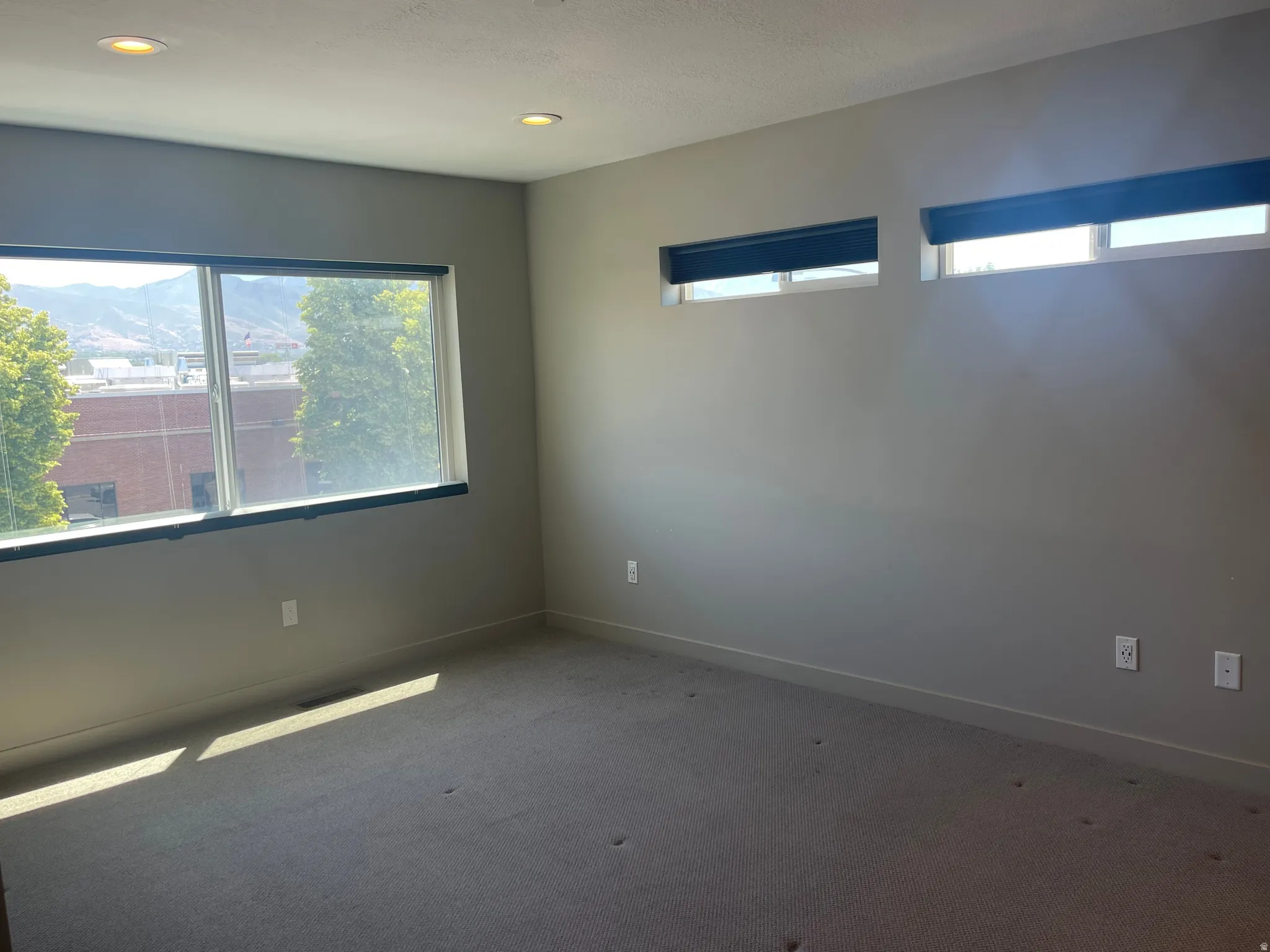 Carpeted room featuring a large window, two transom windows, recessed ceiling lighting, and neutral wall tones