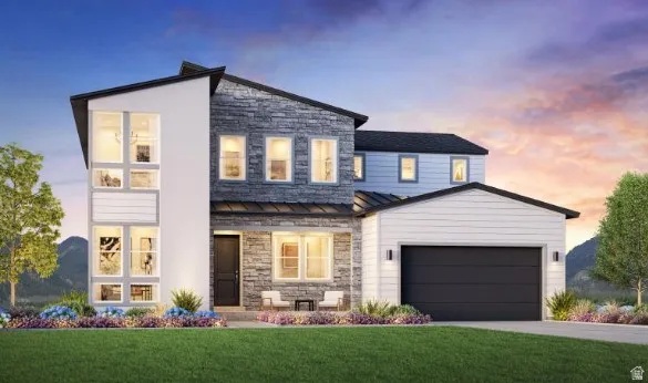 Modern two-story residence featuring a mixed-material facade with stone accents, vertical siding, and a dark asphalt shingle roof