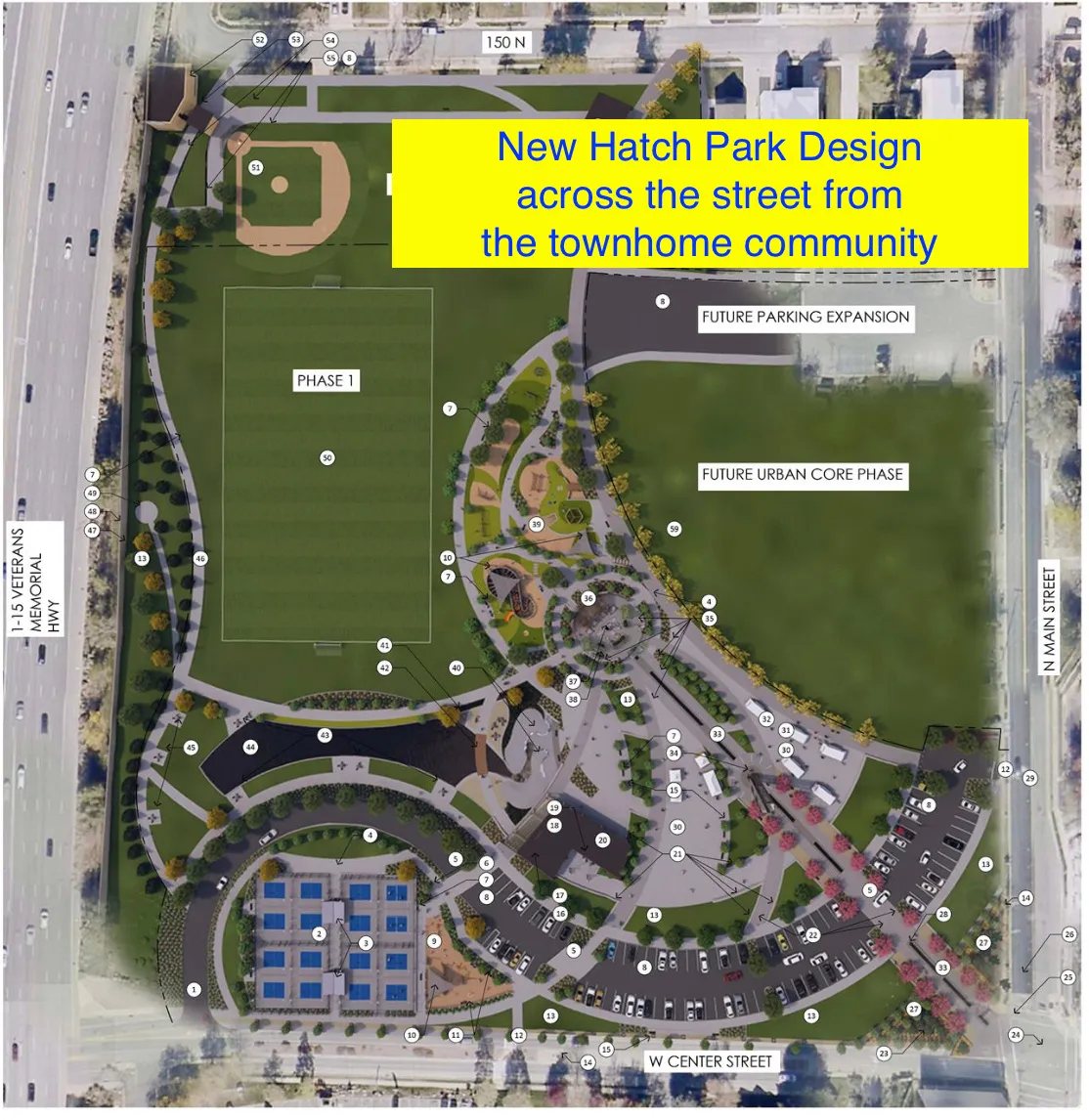 Site Plan. Illustrating the proposed design for Hatch Park, including designated areas for various amenities and future development phases