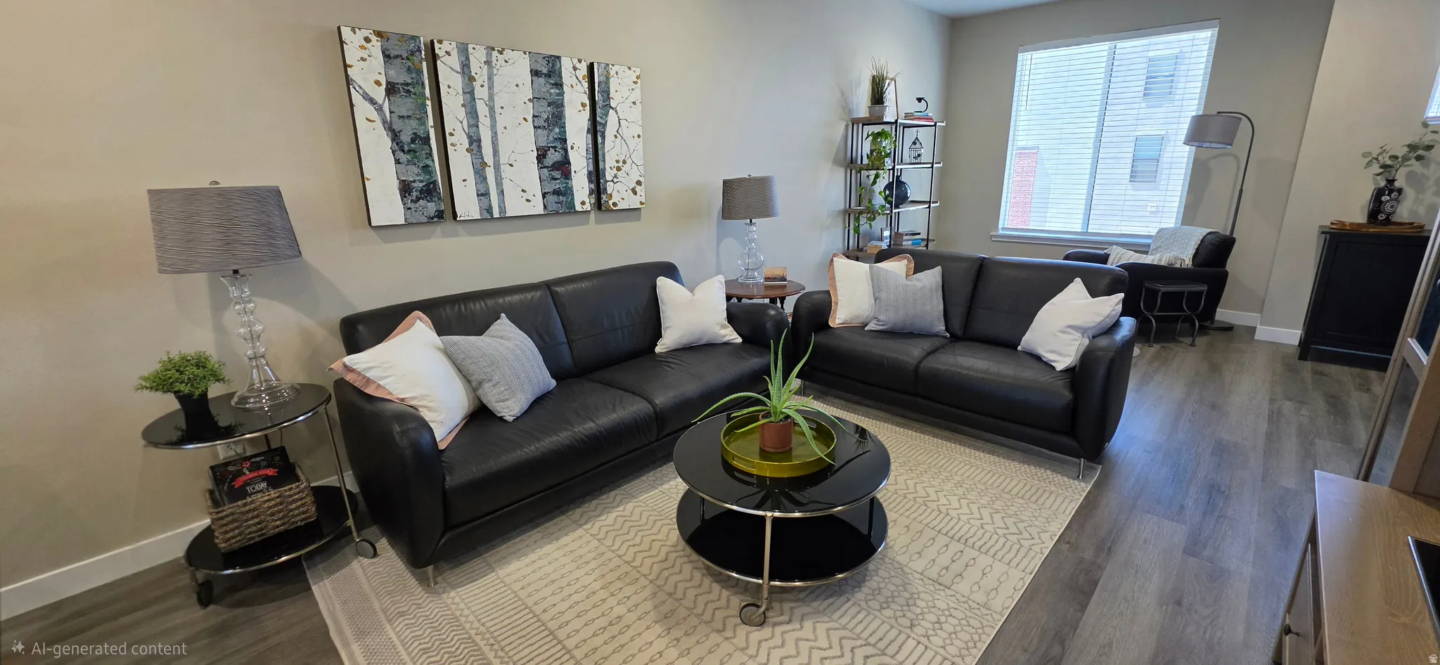 Spacious living area featuring wood-finish flooring, light neutral wall tones, and a large window with blinds