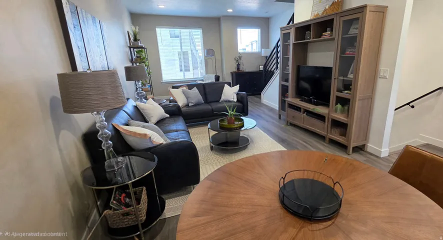 Open-concept living area with wood-finish flooring, a two-story ceiling, and a prominent media center with integrated shelving