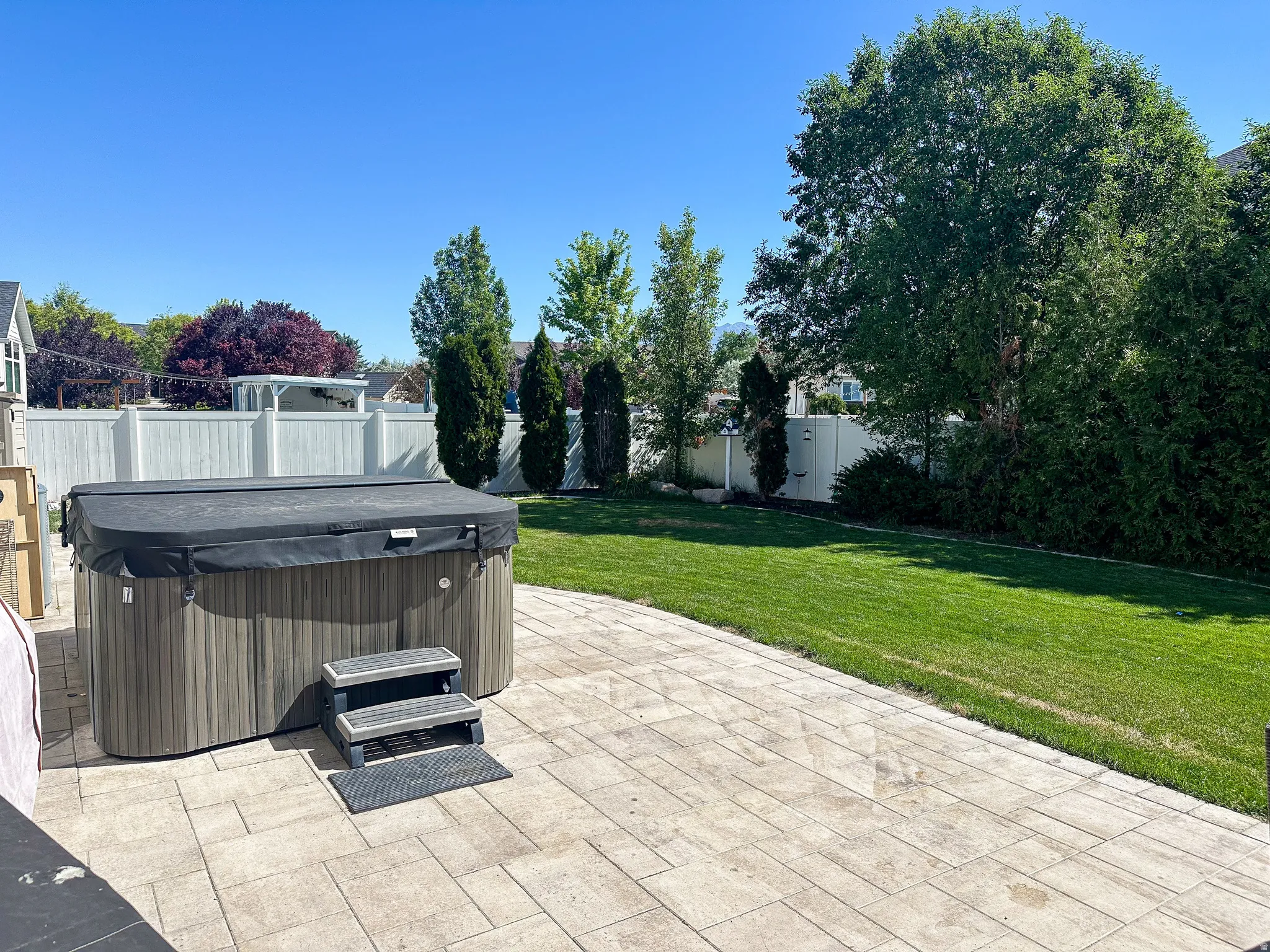 Expansive backyard featuring a paver patio with a built-in spa, a manicured lawn, and mature perimeter trees