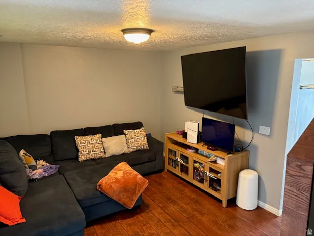 Living area featuring wood-finish flooring, a wall-mounted ceiling light fixture, and light gray wall paint