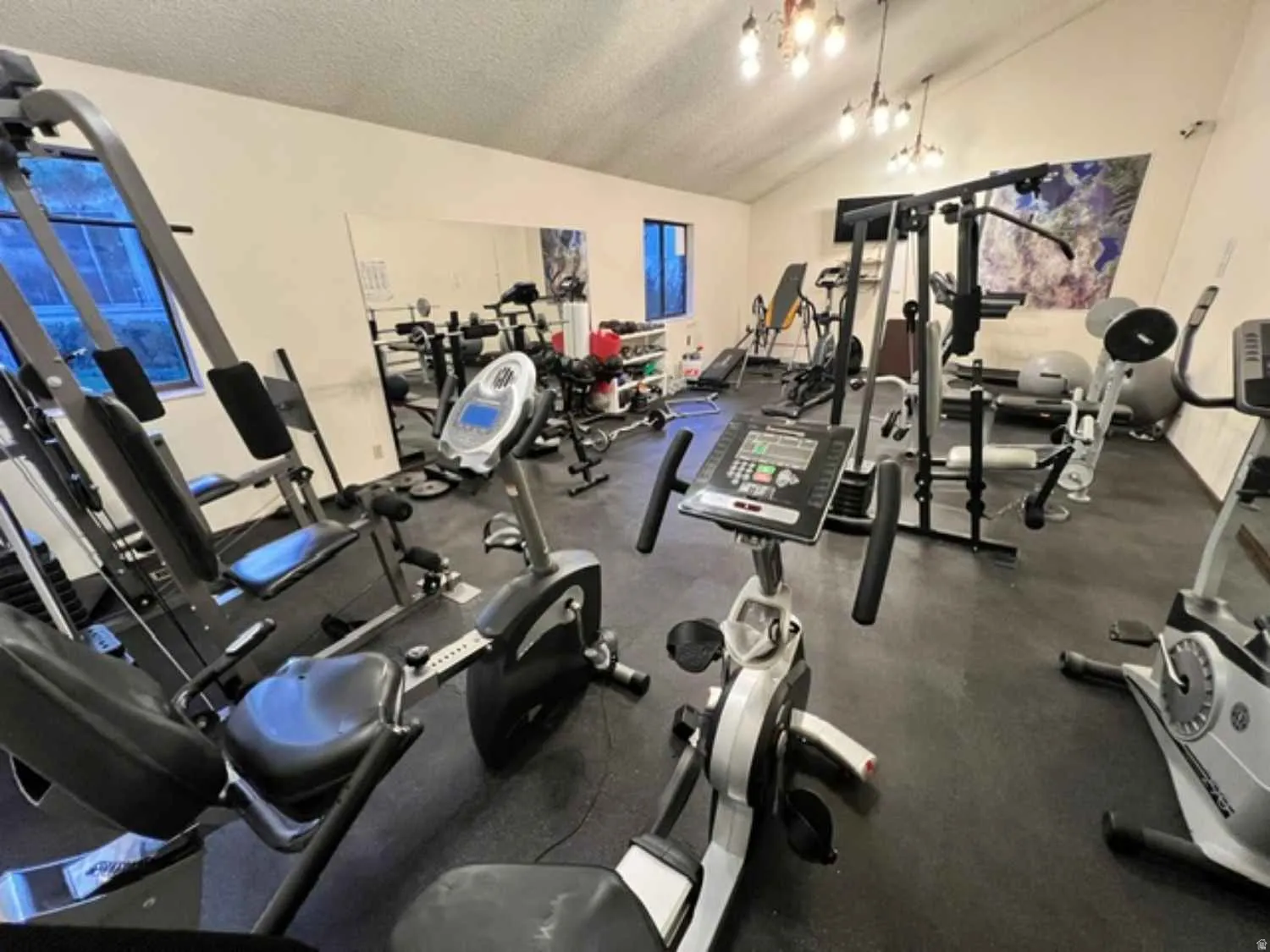 Dedicated fitness space featuring rubberized flooring