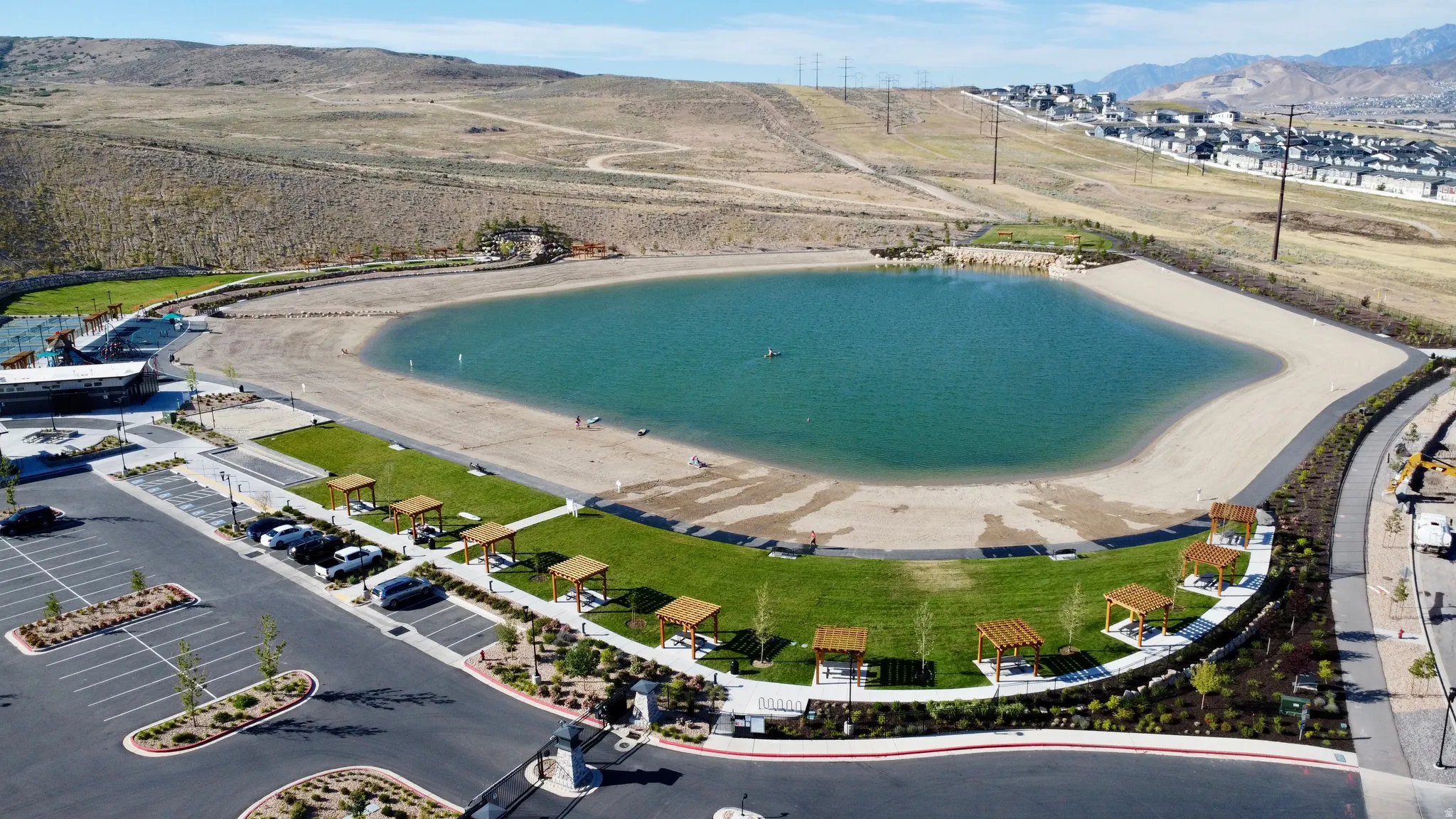 Community lake and pavilions and sand beaches