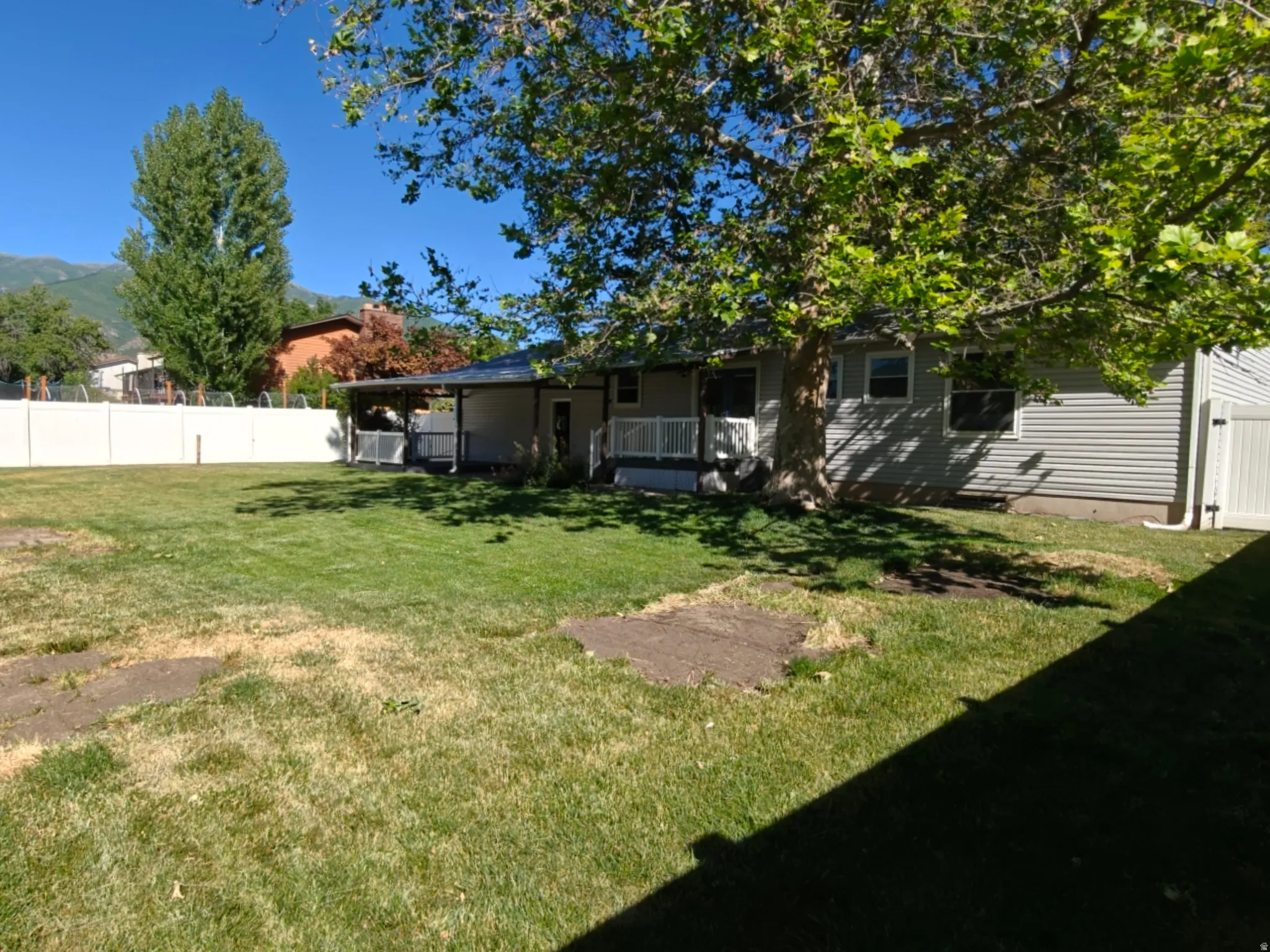 Expansive grassy yard with a white privacy fence and established trees