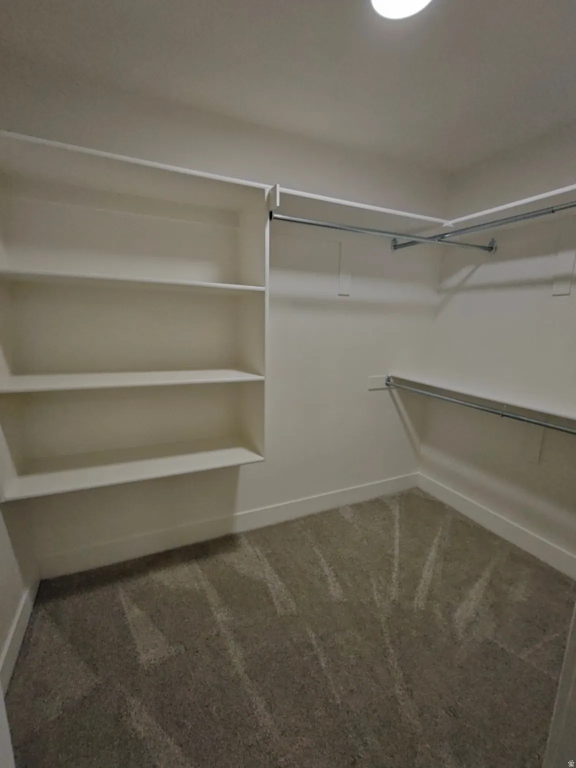 Walk-in closet featuring built-in shelving, chrome hanging rods, recessed ceiling lighting, and neutral-toned carpet flooring