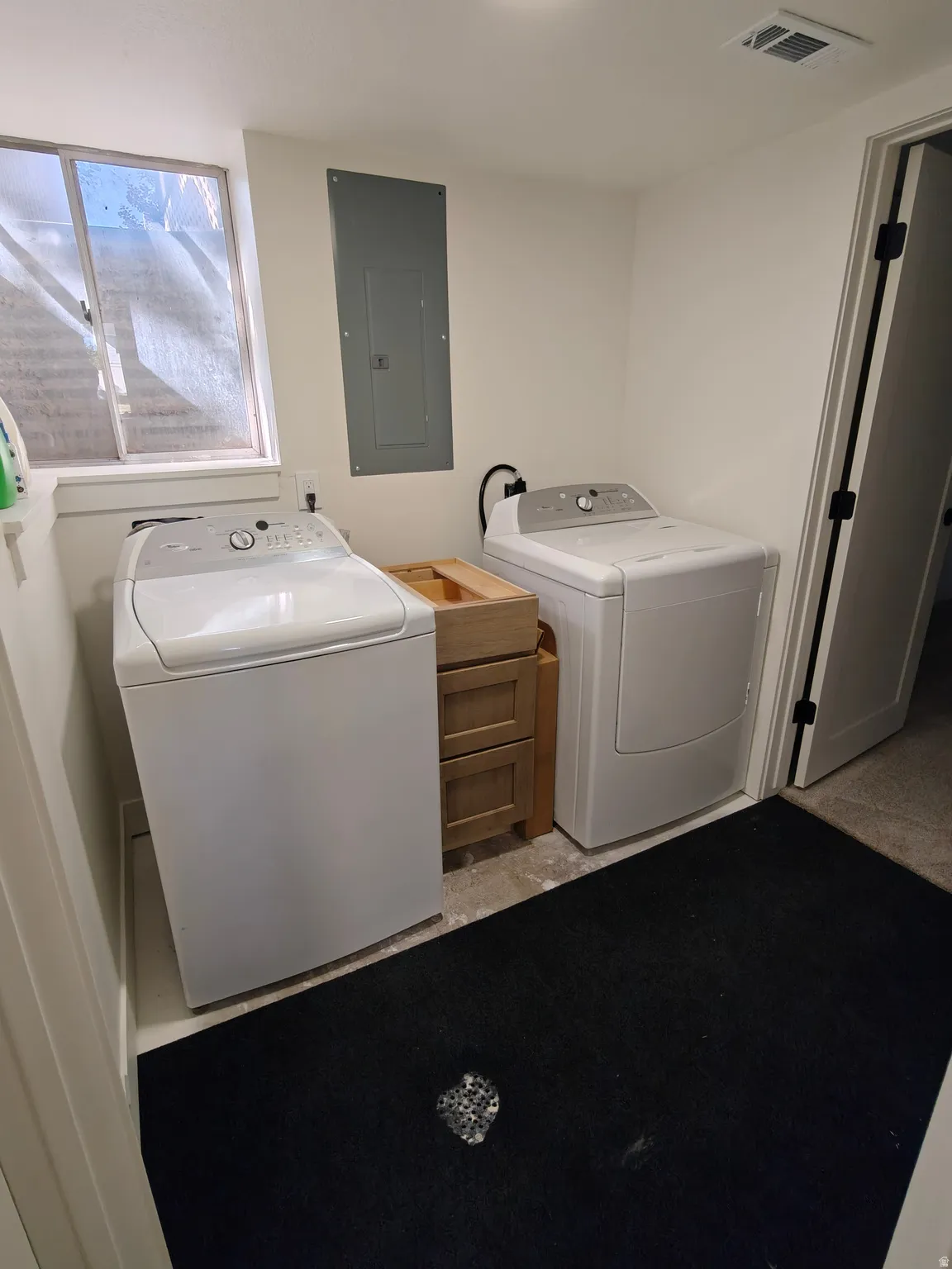 Dedicated laundry area featuring a utility sink cabinet, an electrical panel, and a basement window