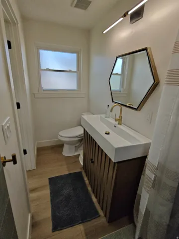 Bathroom featuring wood-finish flooring, a contemporary vanity with an integrated sink, a gold-toned faucet, and a hexagonal mirror