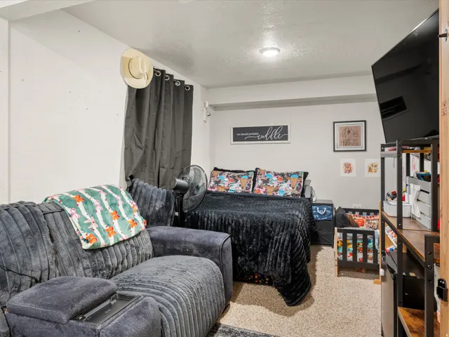 Carpeted interior room featuring light gray walls, a recessed ceiling light, and dark window treatments