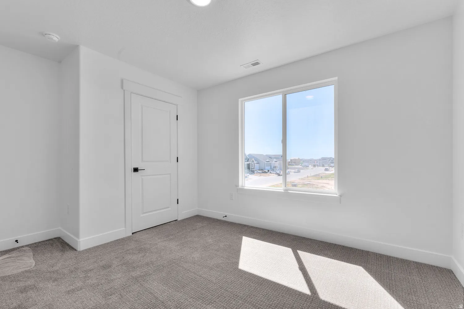 Room featuring a large window, neutral gray carpeting, white walls, white trim, and a white two-panel interior door with matte black hardware