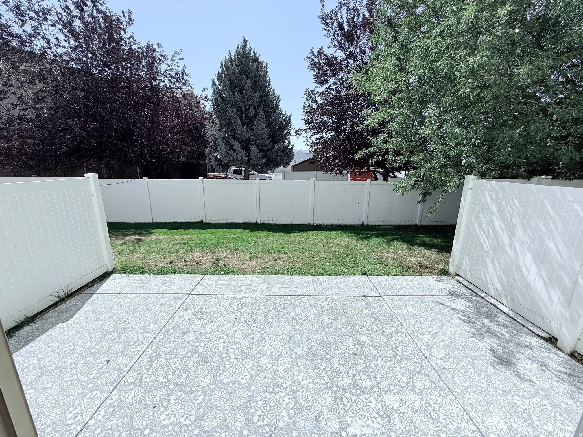 Fenced backyard featuring a concrete patio with control joints, manicured lawn, and mature trees providing natural screening and shade