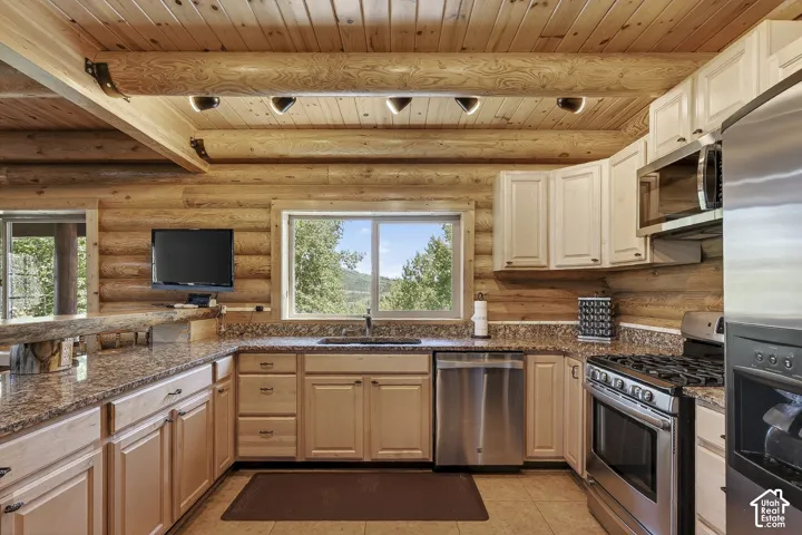 Kitchen featuring wood-paneled walls and ceiling with exposed log beams