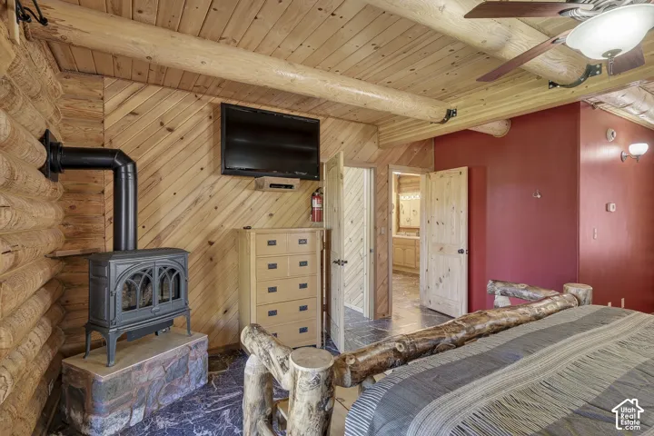 Interior wood-burning stove with a stone hearth