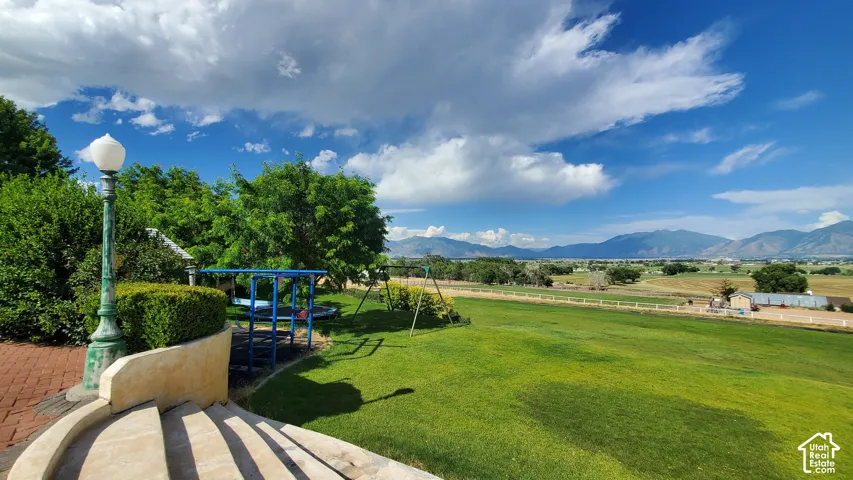 Expansive green lawn with mountain backdrop