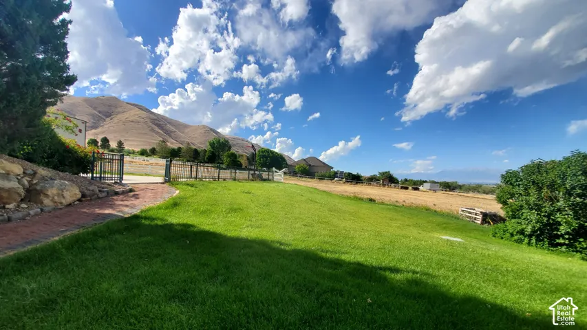 Expansive green lawn with mountain backdrop