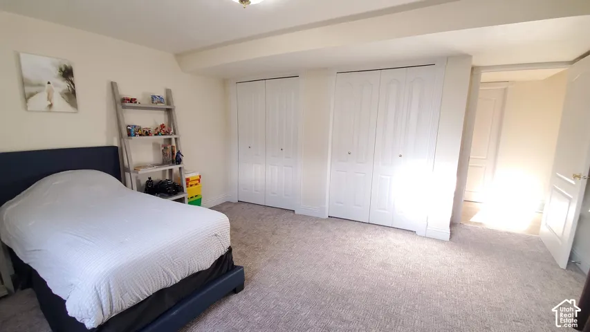 Plush carpeted bedroom featuring two bi-fold closets, a ceiling-mounted light fixture, and light-colored walls