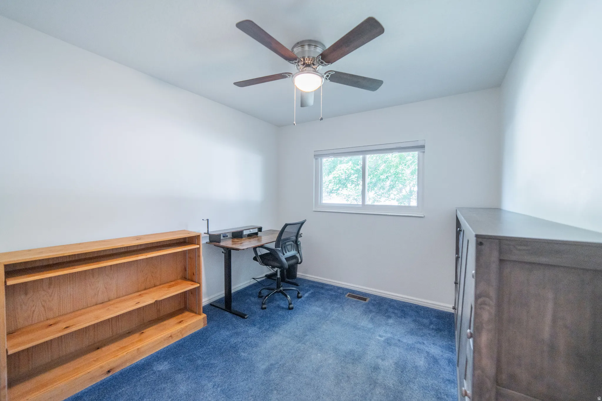 Bright interior room featuring a window with exterior tree views, a ceiling fan with integrated lighting, and blue carpeting