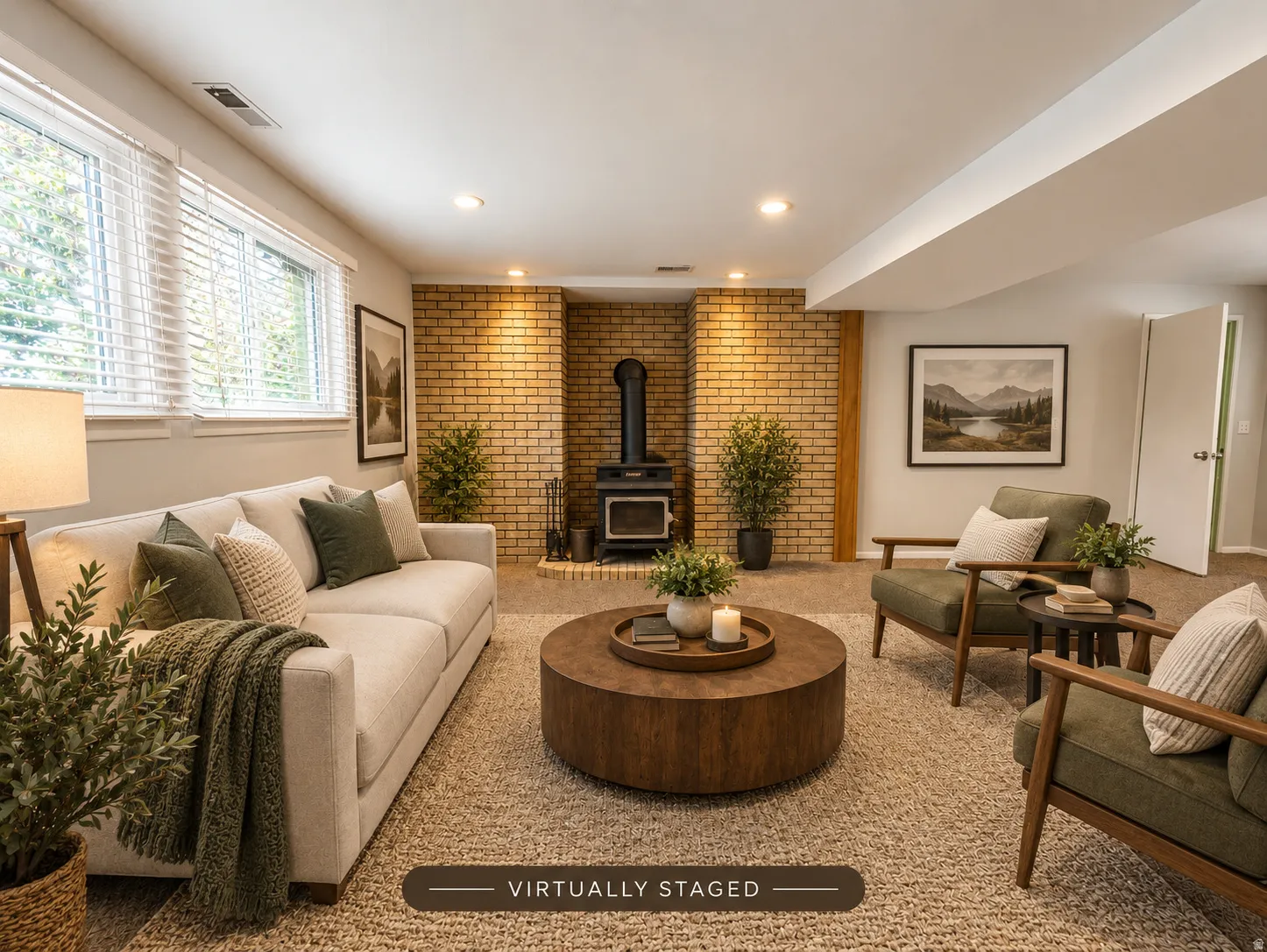 Brick accent wall with wood-burning stove