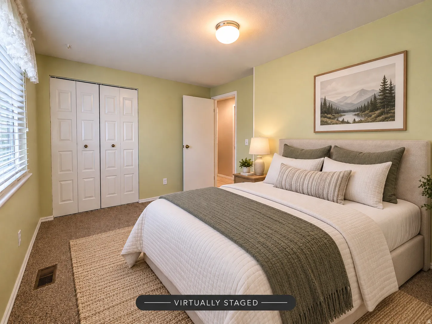 Recessed lighting, window with blinds, bi-fold closet doors, and carpet flooring