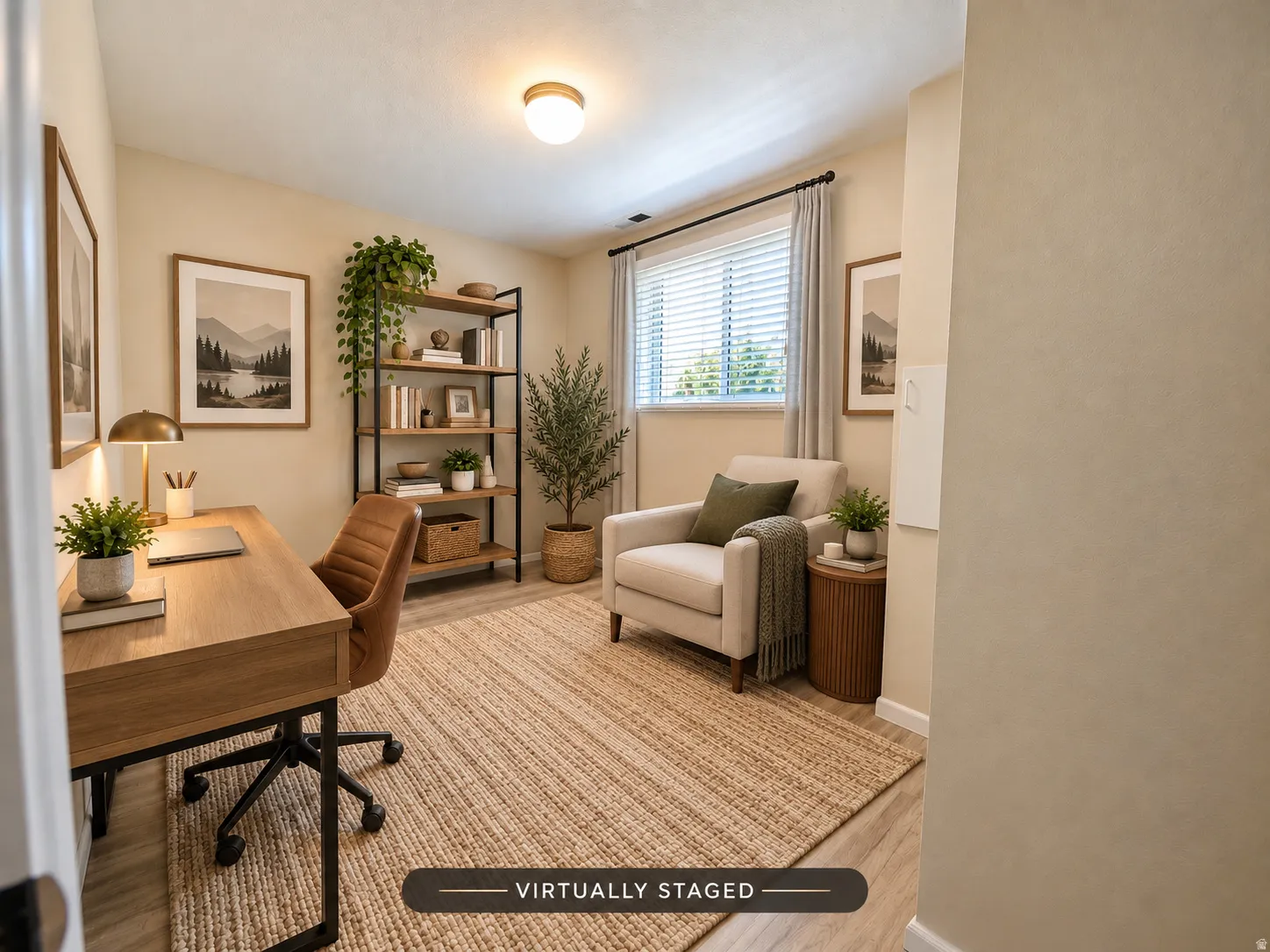 Recessed lighting, wood-finish flooring, and a window with blinds and drapes