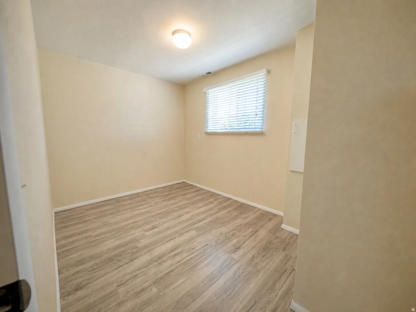 Room featuring wood-finish flooring, a neutral wall palette, a single window with horizontal blinds, and an overhead flush-mount light fixture