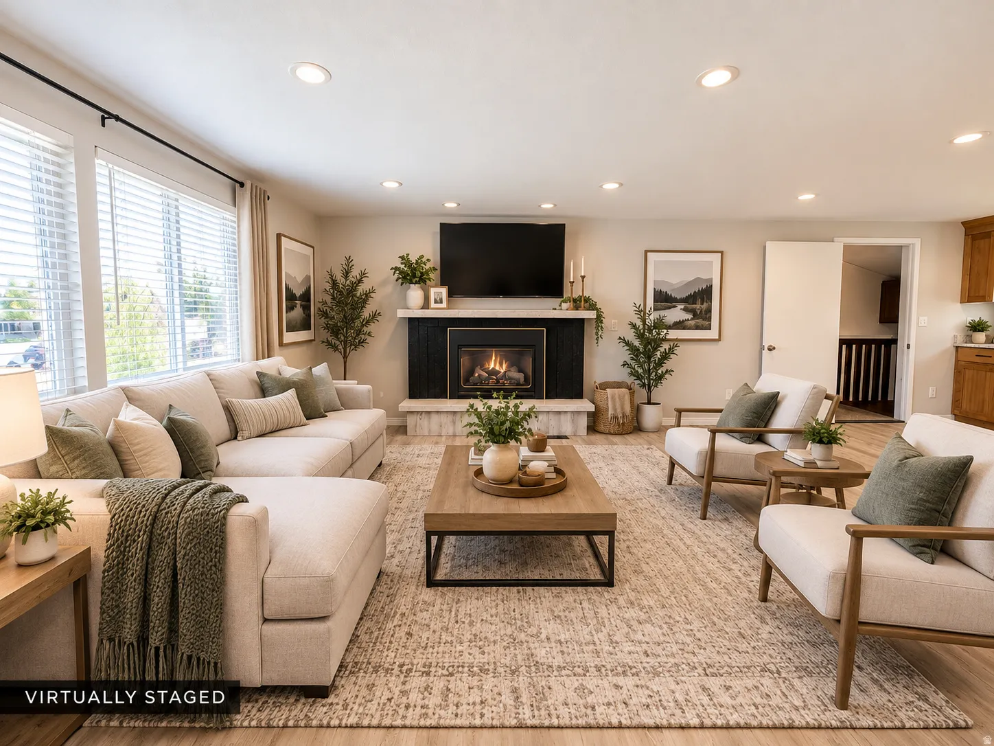 Living area featuring a fireplace with a black surround, a stone hearth, and recessed lighting