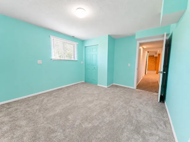 Spacious room featuring light blue walls, plush gray carpeting, a window with horizontal blinds, and a bi-fold closet door