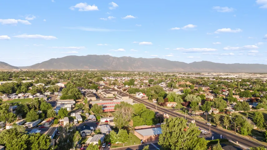Expansive aerial perspective showcasing a residential area with mature tree coverage, a primary roadway, and distant mountain ranges