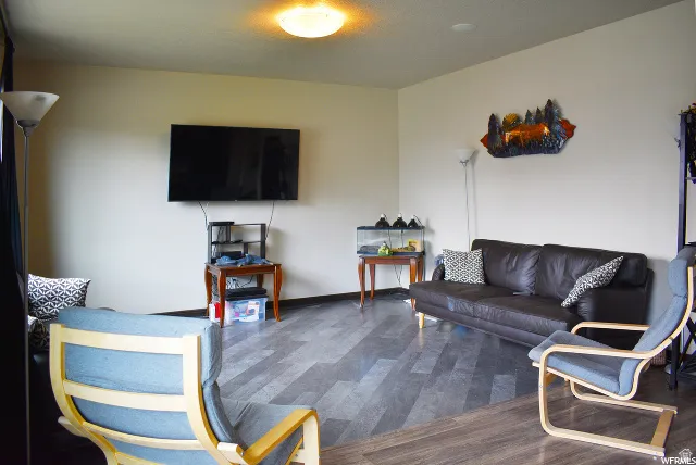 Spacious room featuring wood-finish flooring, light-toned walls, and a ceiling-mounted light fixture