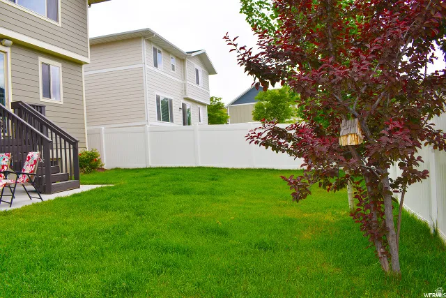 Expansive green lawn area featuring a mature tree with red foliage and a white privacy fence
