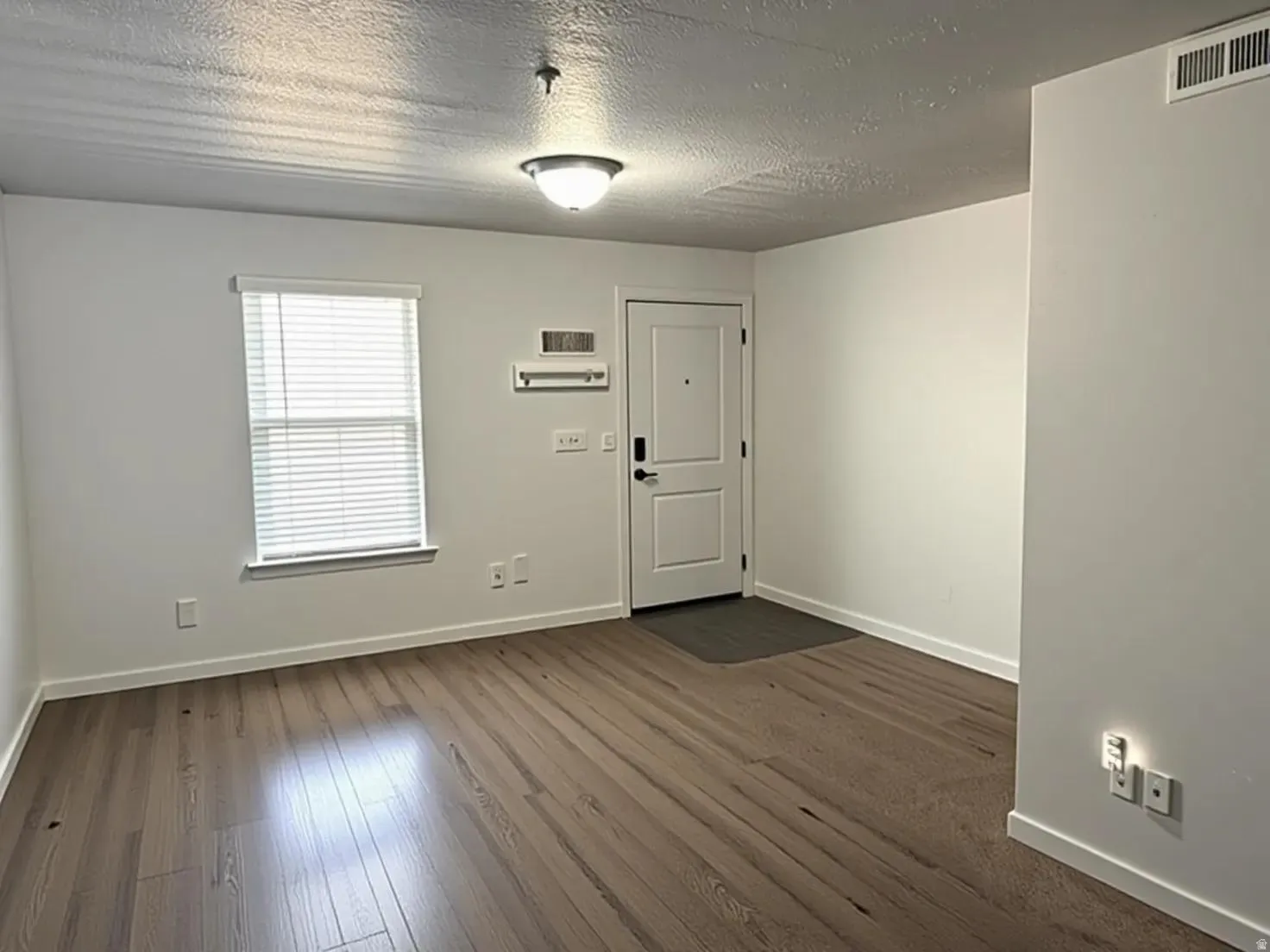 Entry area featuring wood-finish flooring, a white paneled door with contemporary hardware, and a window with horizontal blinds