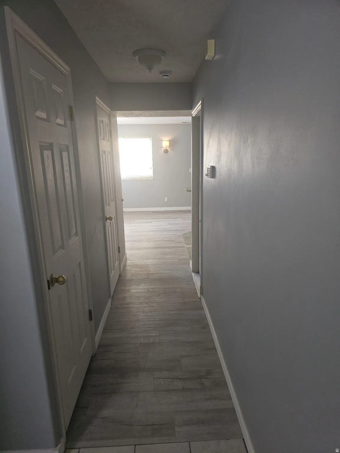 Hallway featuring wood-finish flooring, light gray wall paint, and white paneled doors